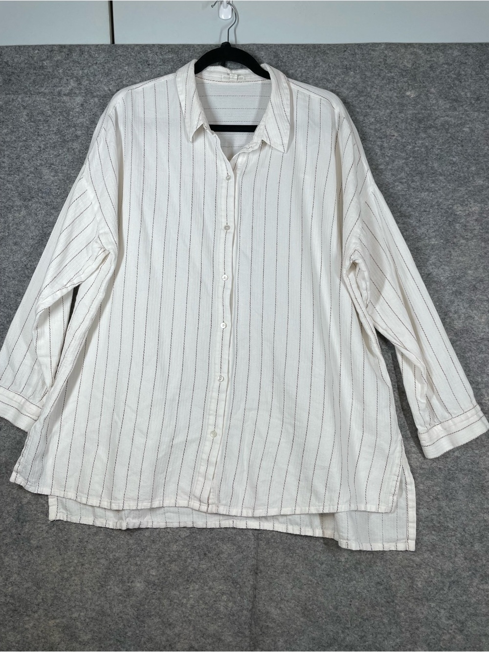 Eileen Fisher Ivory Striped Organic Cotton Blend Shirt Large Oversized Coastal
